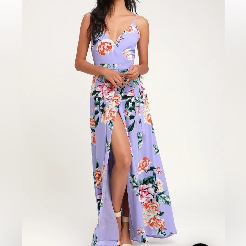Lulus Floral Flirtation Lavender Floral Print Wrap Maxi Dress